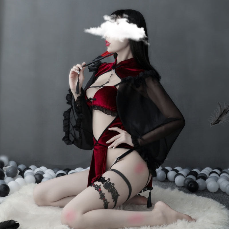 Punk Gothic Black Red Lace Sexy Lingerie for Women Maid Temptation Cute Evil Demon Cosplay Sleepwear Set Halloween Costumes