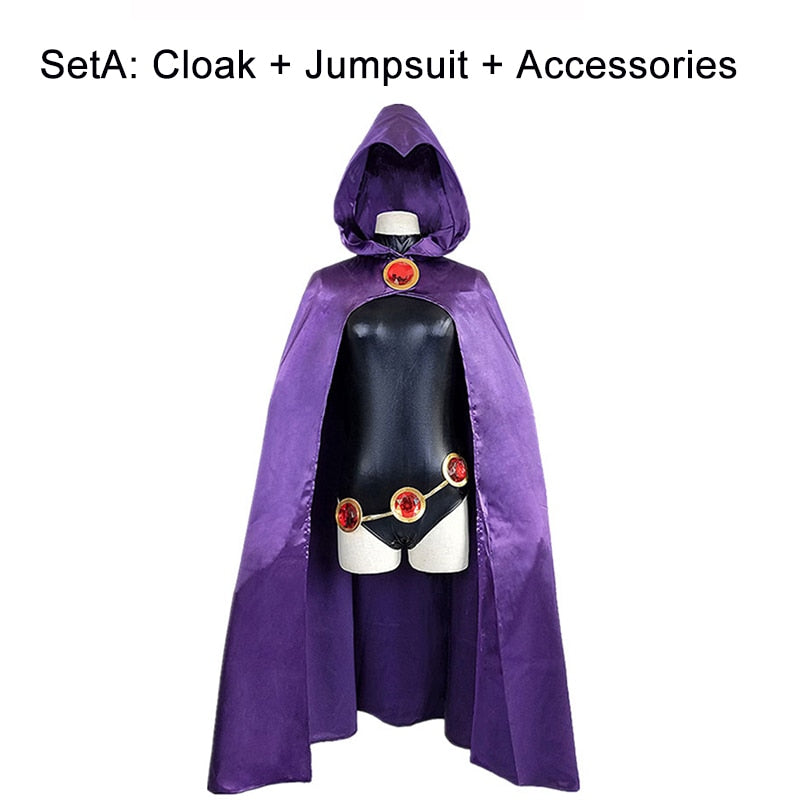 Teen Titans Super Hero Raven Cosplay Costume Women Black Bodysuit Purple Hooded Cloak Jumpsuits Halloween Party Costume
