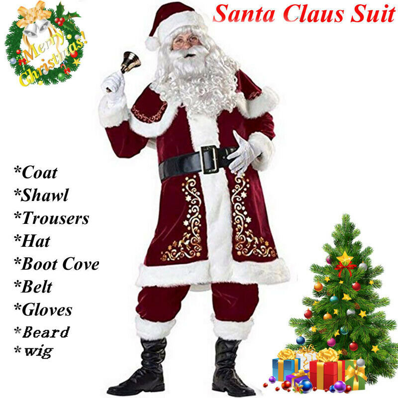 9pcs Christmas Cosplay Cosutmes Deluxe Xmas Santa Claus Father Cosplay Suit Adult Fancy Dress Full Set