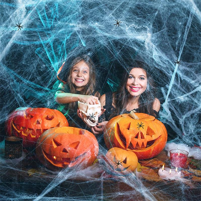 Halloween Decorations Artificial Spider Web Super Stretch Cobwebs with Fake Spiders Scary Party Scene Decor Horror House Props