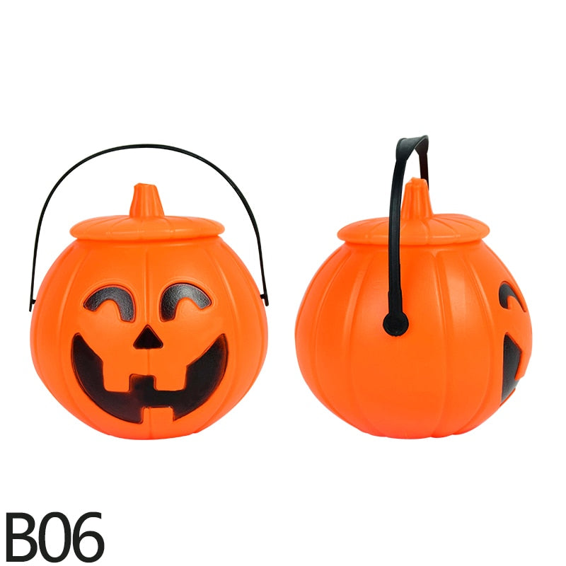 Halloween Pumpkin Bucket Portable Plastic Candy Cookies Holder Basket For Kids Trick Or Treat Party Decor Props