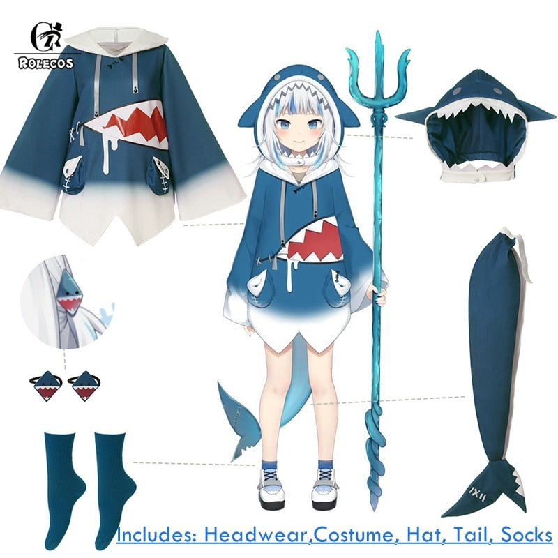Hololive Gawr Gura Cosplay Costume ENG Shark Costume for Women Halloween Youtuber Cosplay Full Set Tail