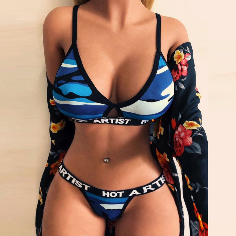 Women Bra Brief Set Sexy Camouflage Thong Lingerie Swimwear Bathing Suit Swimsuit Underwear
