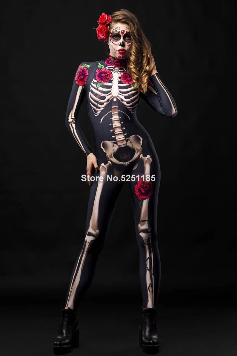 Women Cosplay Skeleton Rose Sexy Bodysuit For Halloween