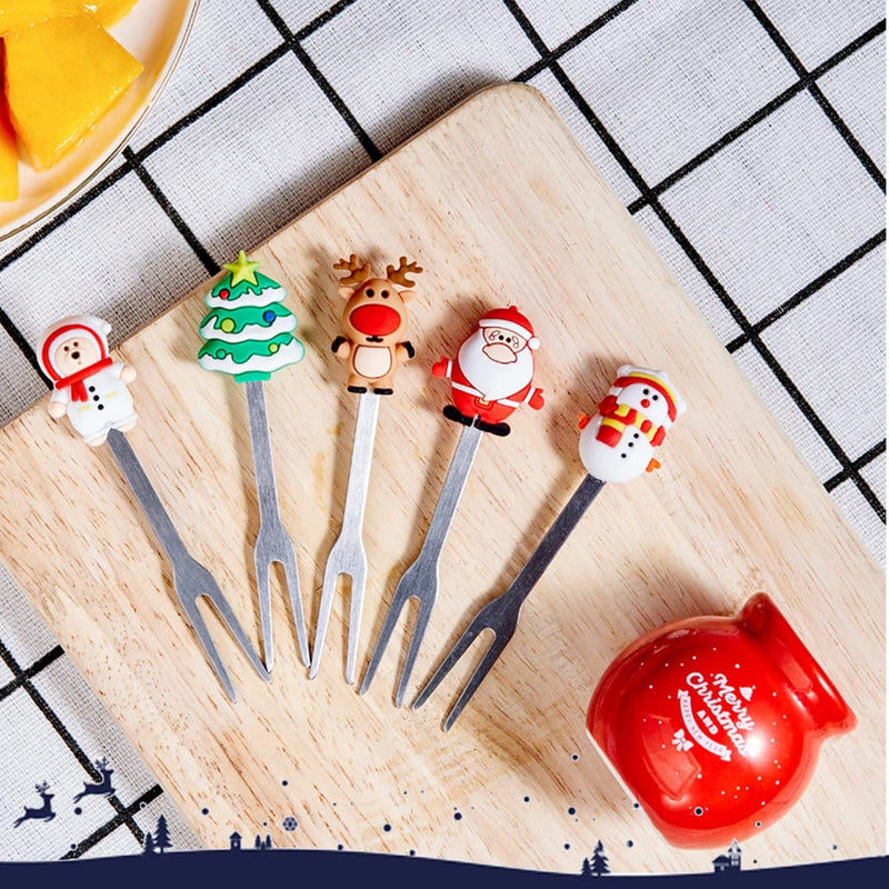 5pcs/Set Cute Christmas Tree Stainless Steel Dessert Fruit Forks With Holder Set Mini Salad Food Cutlery Dinnerware Accessories