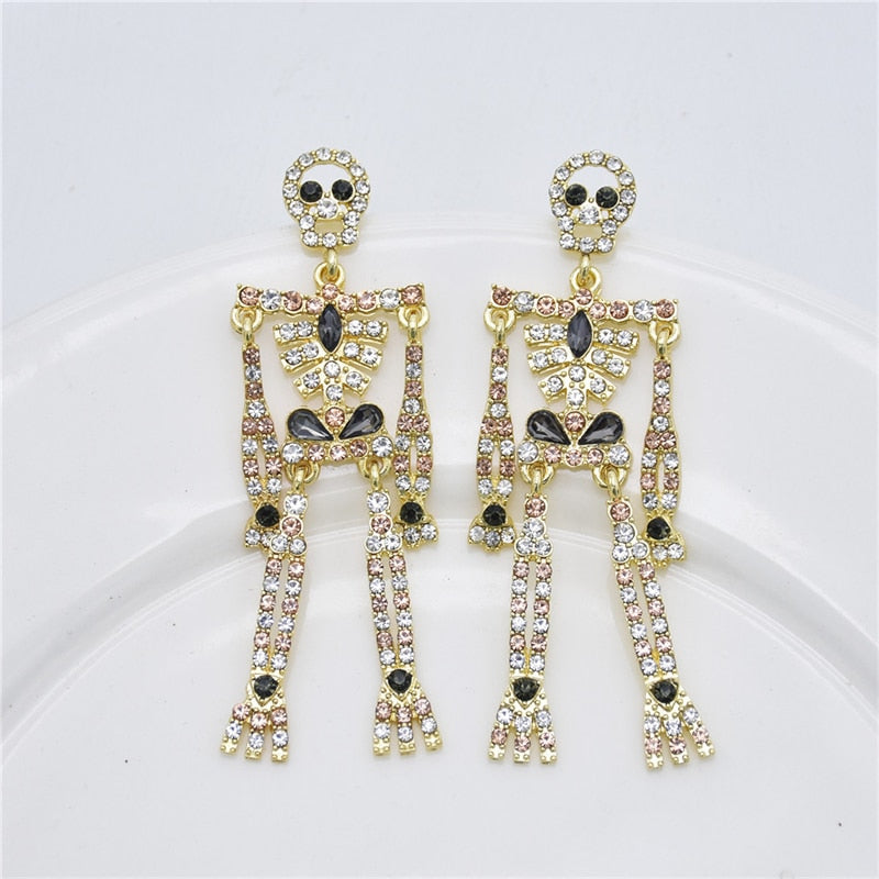 Crystal Skeleton Dangle Earrings Shiny Clear Rhinestone Decor Limbs Skull Stud Charms Pendant Earrings Women Halloween Gift