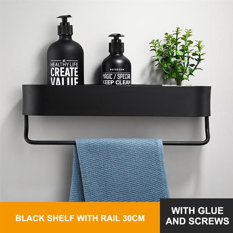 Kitchen Wall Shelves Bathroom Shelf Rack Bath Towel Holder Black Shower Storage Basket