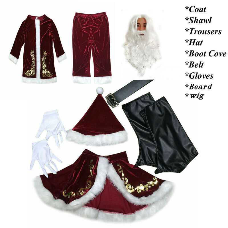 9pcs Christmas Cosplay Cosutmes Deluxe Xmas Santa Claus Father Cosplay Suit Adult Fancy Dress Full Set