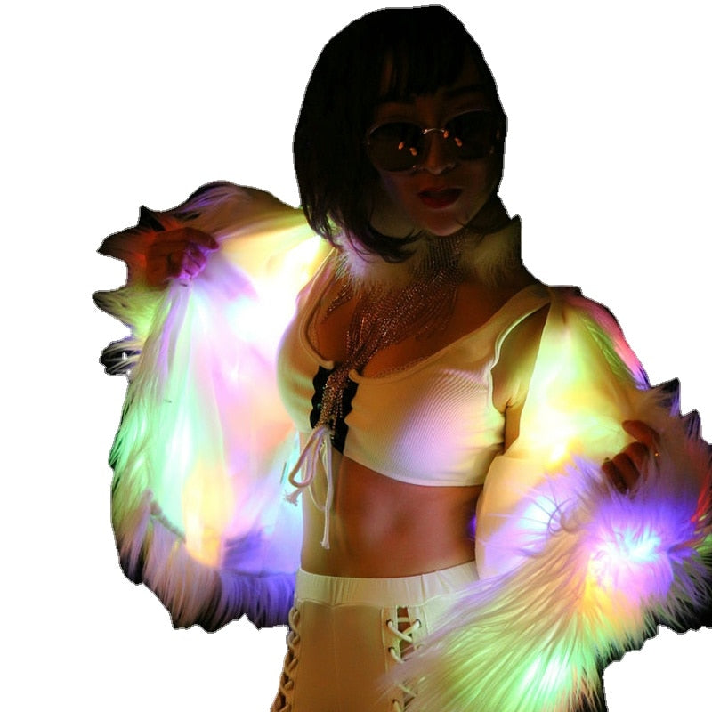 Women Faux Fur Coat Valentine Cosplay LED Multi-Color Warm Hoodie Vest Shiny LED Jacket Light Up Dance Costume
