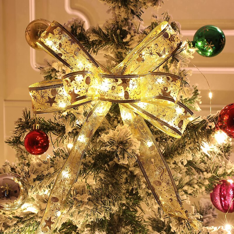 Christmas Ribbon Fairy Light Decoration Bows String Lights Christmas Tree Ornaments New Year Hollow Out Shiny Ribbons