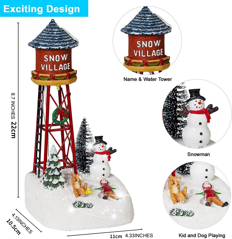 Chrsitmas Villages Accessories Collectible Watertower Figurine Holiday Time Snow Village Puppy Playing with Kids Scene Light Up