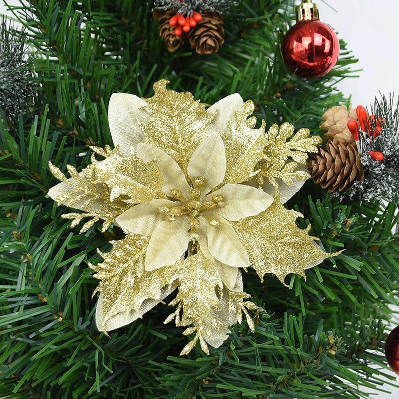 Glitter Artificial Christmas Flowers Xmas Tree Ornaments