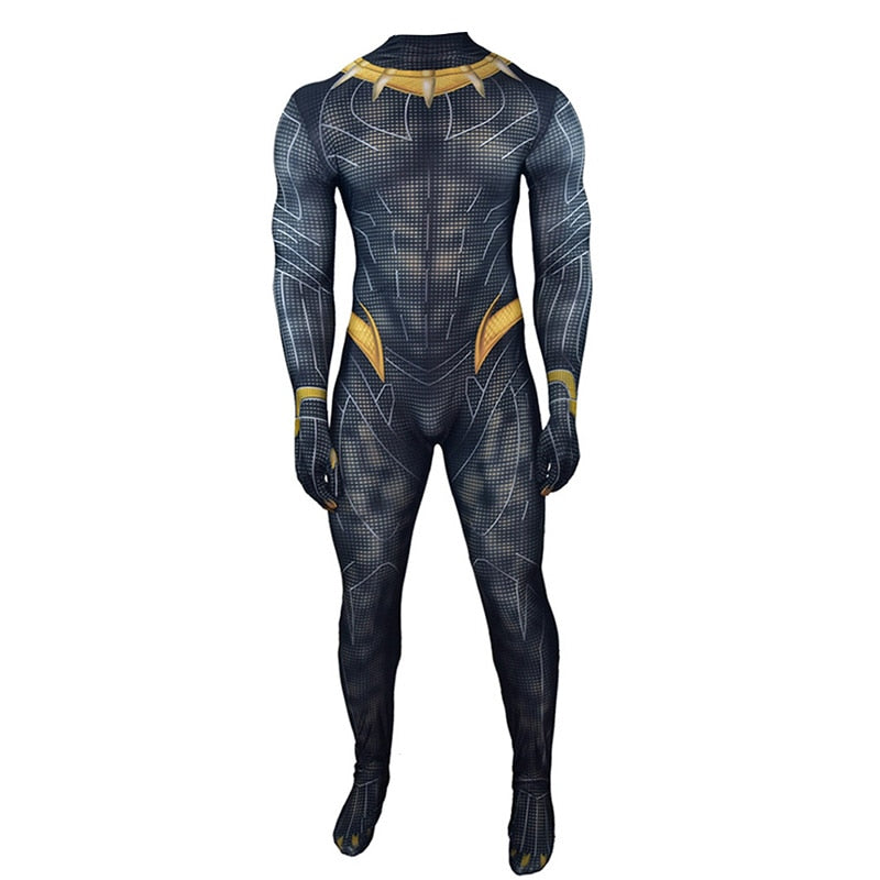 Marvel Black Panther Cosplay Costume Mask Supervillain Erik Killmonger Gold Panther Bodysuit Jumpsuit Halloween for Adult Kids