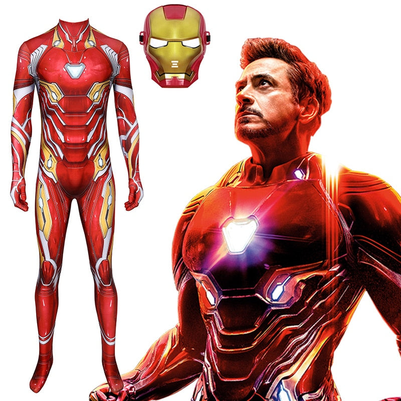 Marvel Superhero Iron Man Cosplay Costume Mask Avengers Endgame Tony Stark Bodysuit Jumpsuit Halloween Costumes for Aldult Kids
