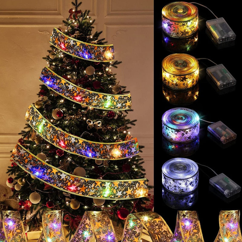 Christmas Ribbon Fairy Light Decoration Bows String Lights Christmas Tree Ornaments New Year Hollow Out Shiny Ribbons