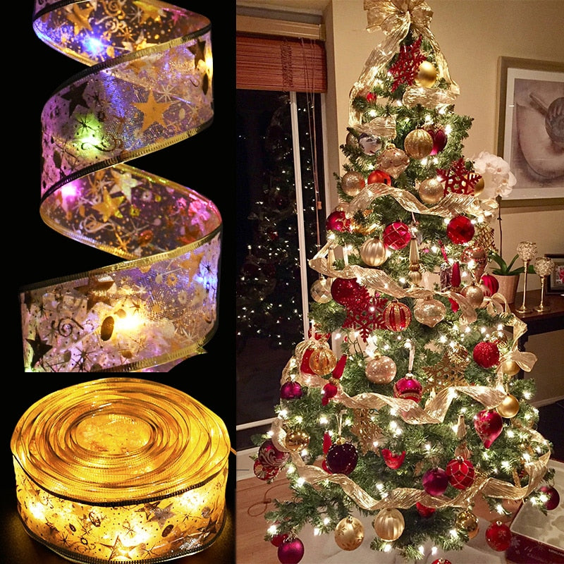 Christmas Decoration LED Ribbon Lights Christmas Tree Ornaments DIY Lace Bows String Light Navidad Home Decoration New Year 2023