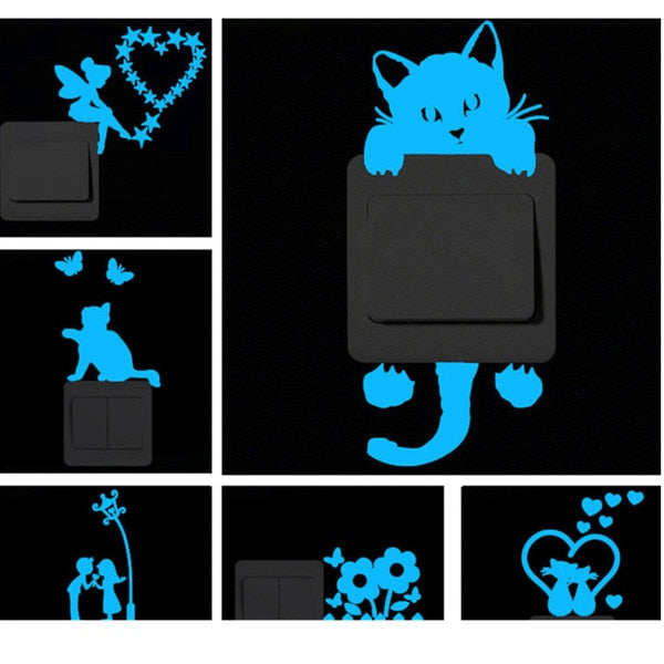 Luminous Switch Sticker Blue-light Cartoon Wall Stickers Glowing Wall Sticker Home Room Decor Cat Dog Car Kiss Stickers Decor