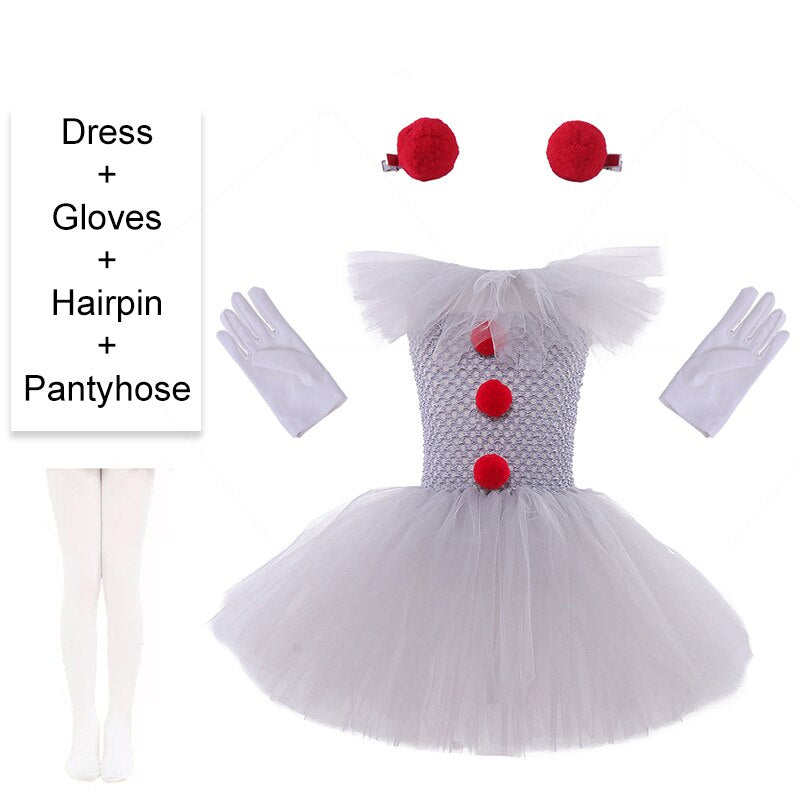 Gray Clown Tutu Dress for Girls Kids Carnival Halloween Cosplay Costume Joker Cosplay Tulle Outfit Children Party Fancy Dress Up