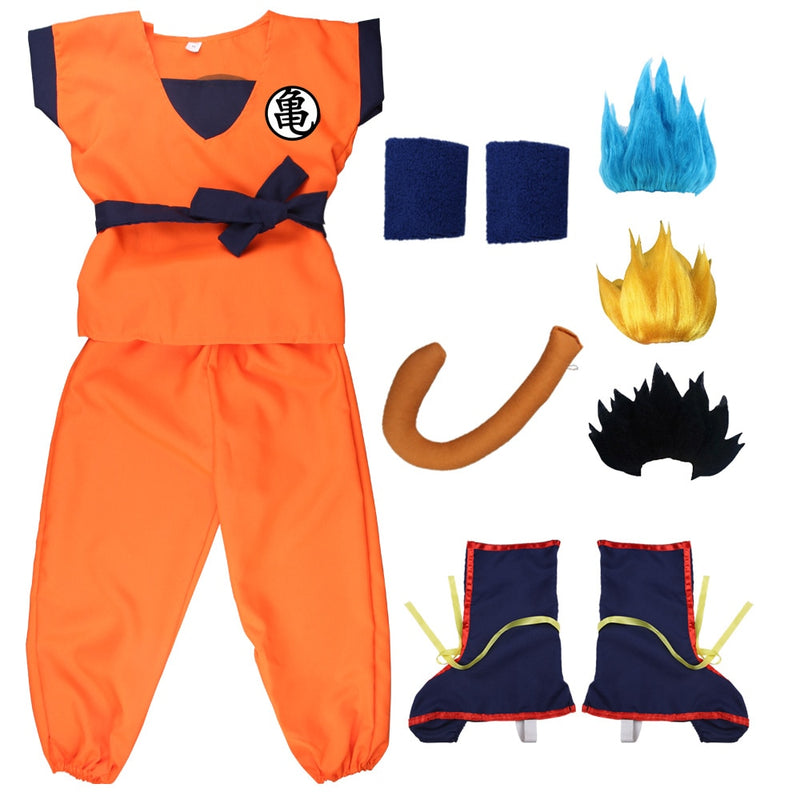 Halloween Adult Kids Suits Son Goku Gui Carnival Anime Cosplay Holiday Costumes Tail  Wrister Wig Blue Gold Children Dress Up