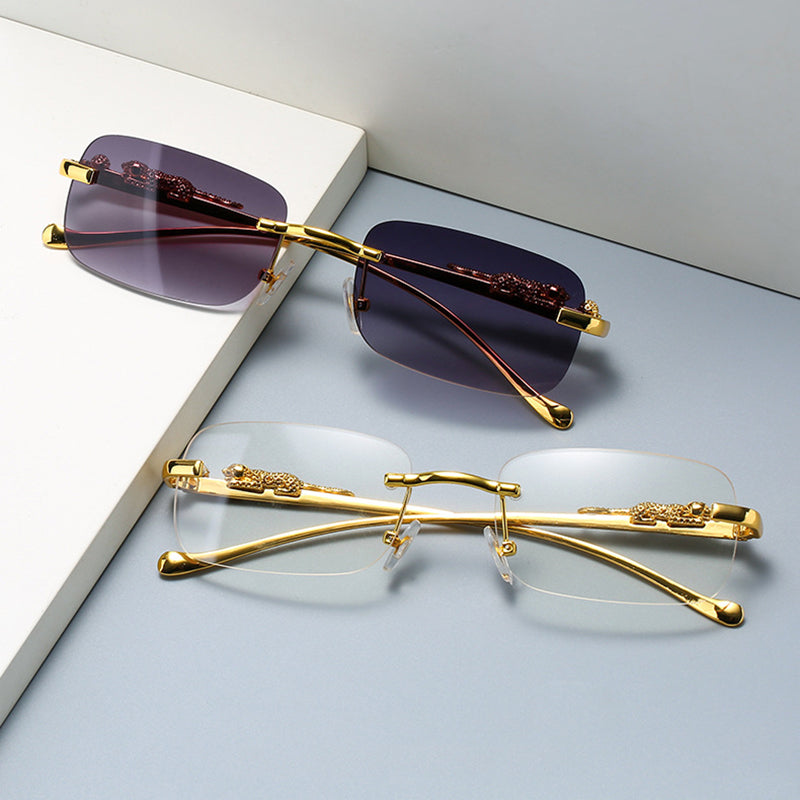 Fashion Vintage Rimless Square Sunglasses UNISEX Luxury Brand Designer Popular Travel Driving Metal Leopard Head Sun Glasses