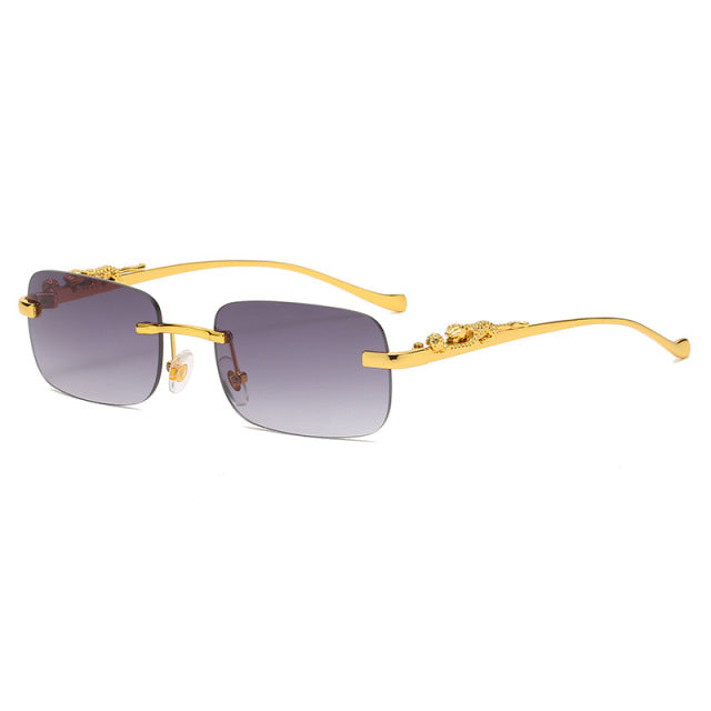 Fashion Vintage Rimless Square Sunglasses UNISEX Luxury Brand Designer Popular Travel Driving Metal Leopard Head Sun Glasses